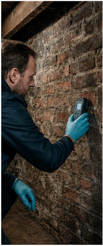 Vochtspecialist meet een keldermuur in Vlaanderen